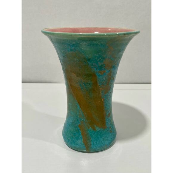Pisgah Forest Pottery 1950's Trumpet 6.75" Tall Turquoise Gold Vase with Pink - Picture 2 of 14